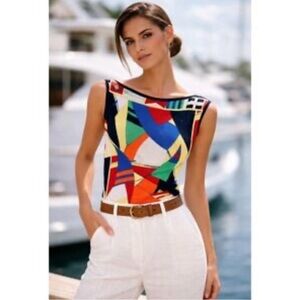 Lauren Ralph Lauren Top Womens Medium Petite PM Linen Blend Nautical Colorful